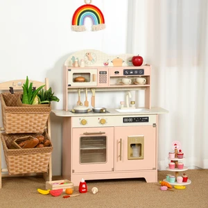 Children's Wooden Simulation Playhouse with Pink Refrigerator Early Education Household Kitchen & Food Toys for Boys & Girls