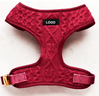 Wholesale Custom Design Knitted Fabric Breathable Adjustable No Pull Red Sweater Yarn Weave Cable Knit Pet Puppy Dog Harness set