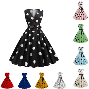 Summer Empire Waist Midi Dresses for Women Sleeveless Vintage Hepburn  Rockabilly Polka Dot Pinup Party Prom Swing