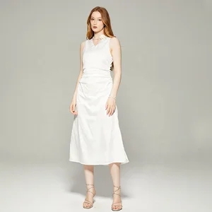 2026 New Ladies' Fashionable Silk Satin Elegant Dress Vintage Pleated Sleeveless Pure Color Dress