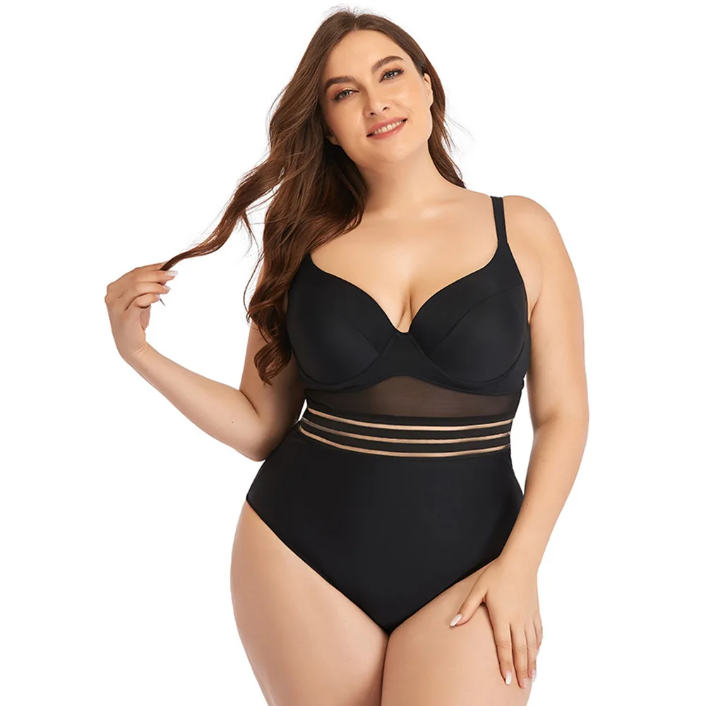 2021 Womens Bathing Suits Sexy Cut Out Mesh Front Black One Piece Push up  Tummy Control Curvy Large Plus Size Swimsuit Swimwear