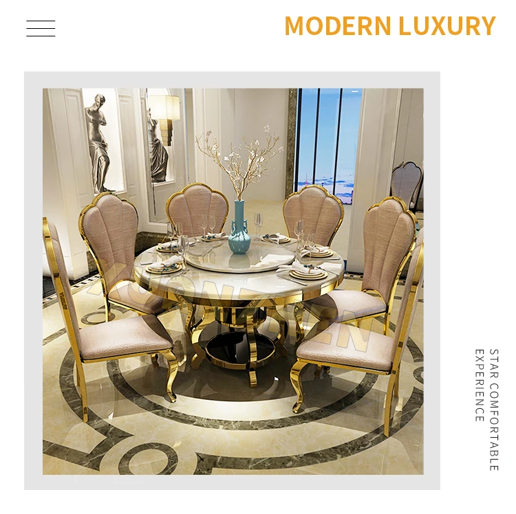 Home Furniture 6 Seater Modern Round Marble Dining Table Golden