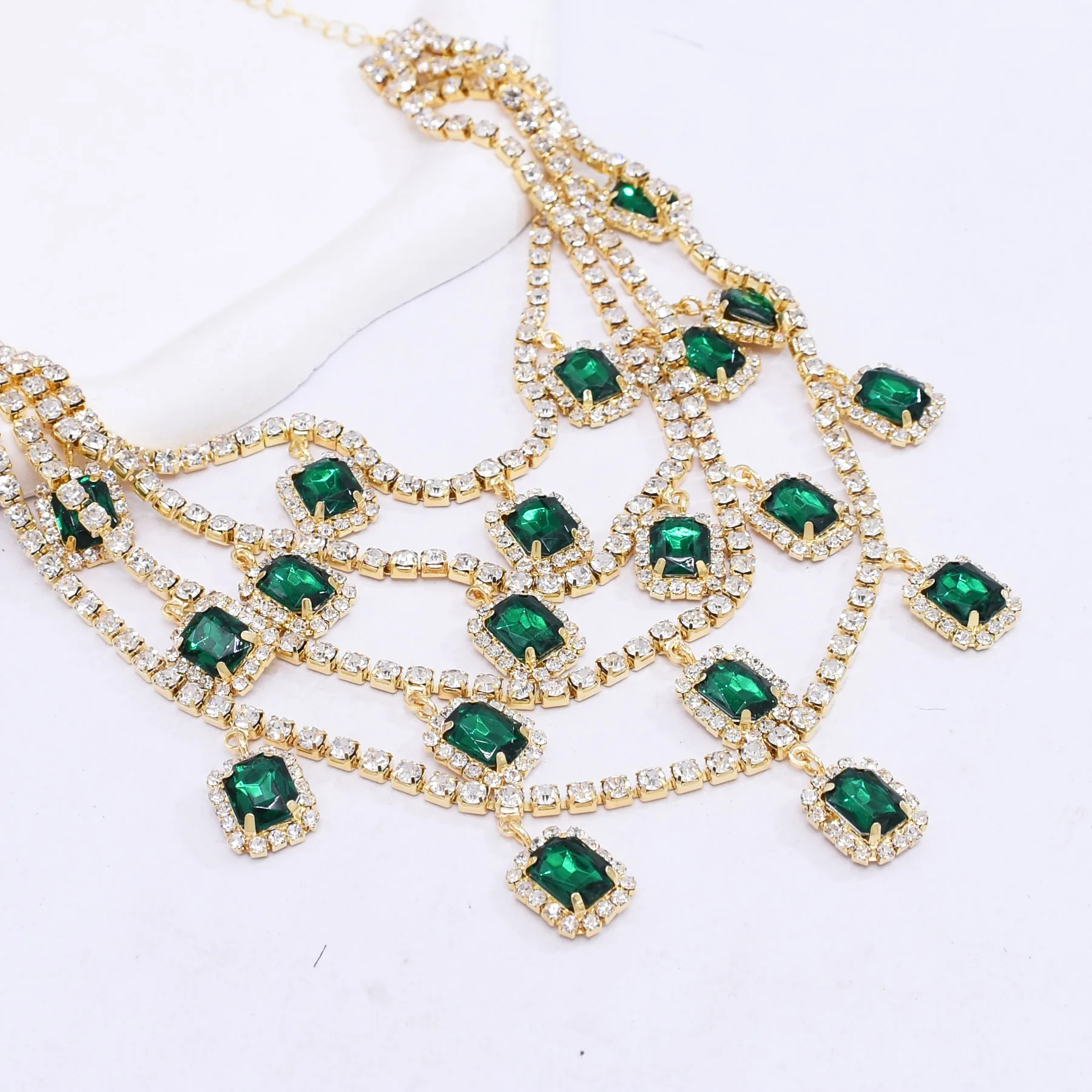 Multi-Layered Gold Plated Bohemian Style Green Crystal Rhinestone Necklace Link Chain Multi-Strand Statement Bridal Choker