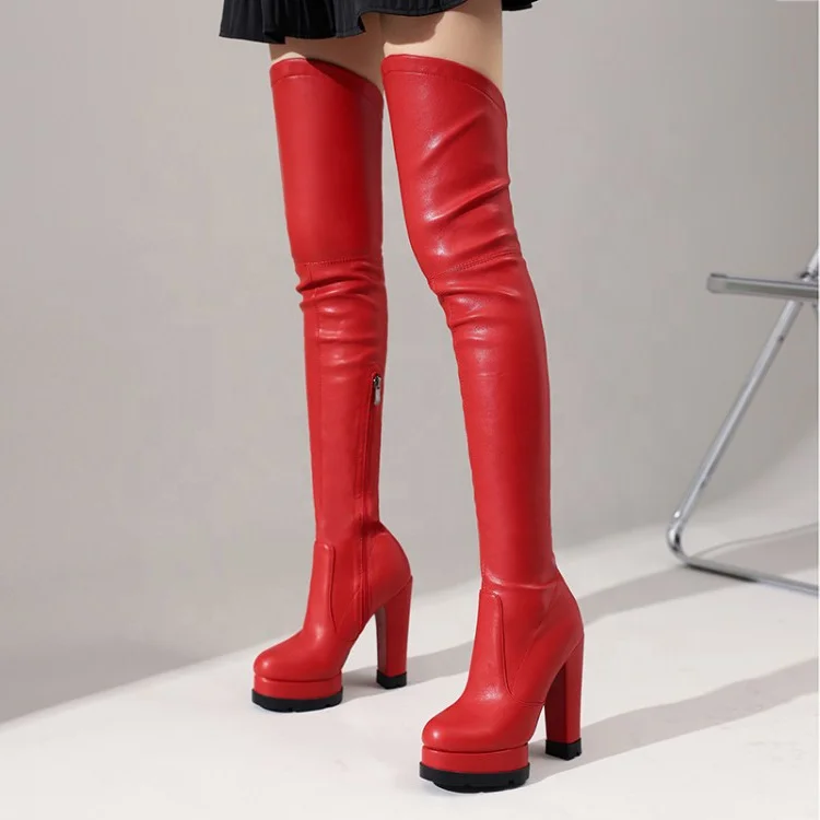 red chunky heel over the knee boots