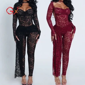 GX6050 Wholesale 2025 Women Boutique Sexy Street Wear See Through Long Sleeve Backless Bodysuits and Lace Pant 2 Piece Set
