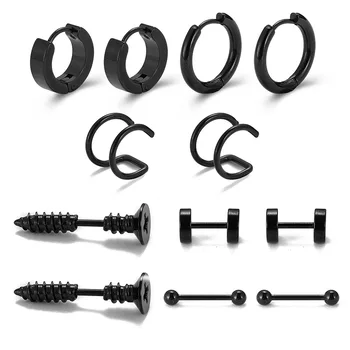 Finetoo 6 pcs set stainless steel black plated tiny hoop pierced screw dumbbell stud earrings for men