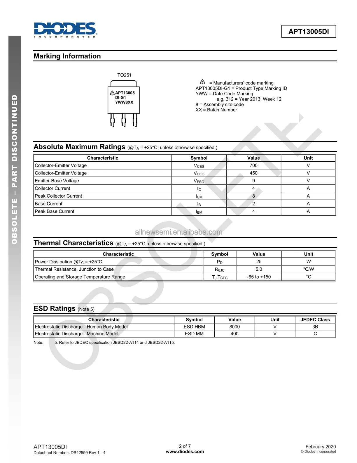 Hot sale Original APT13005DI-G1 Single Bipolar Transistor TRAN NPN 450V 4A Bipolar Transistor 4MHz 25 W Through Hole TO-251