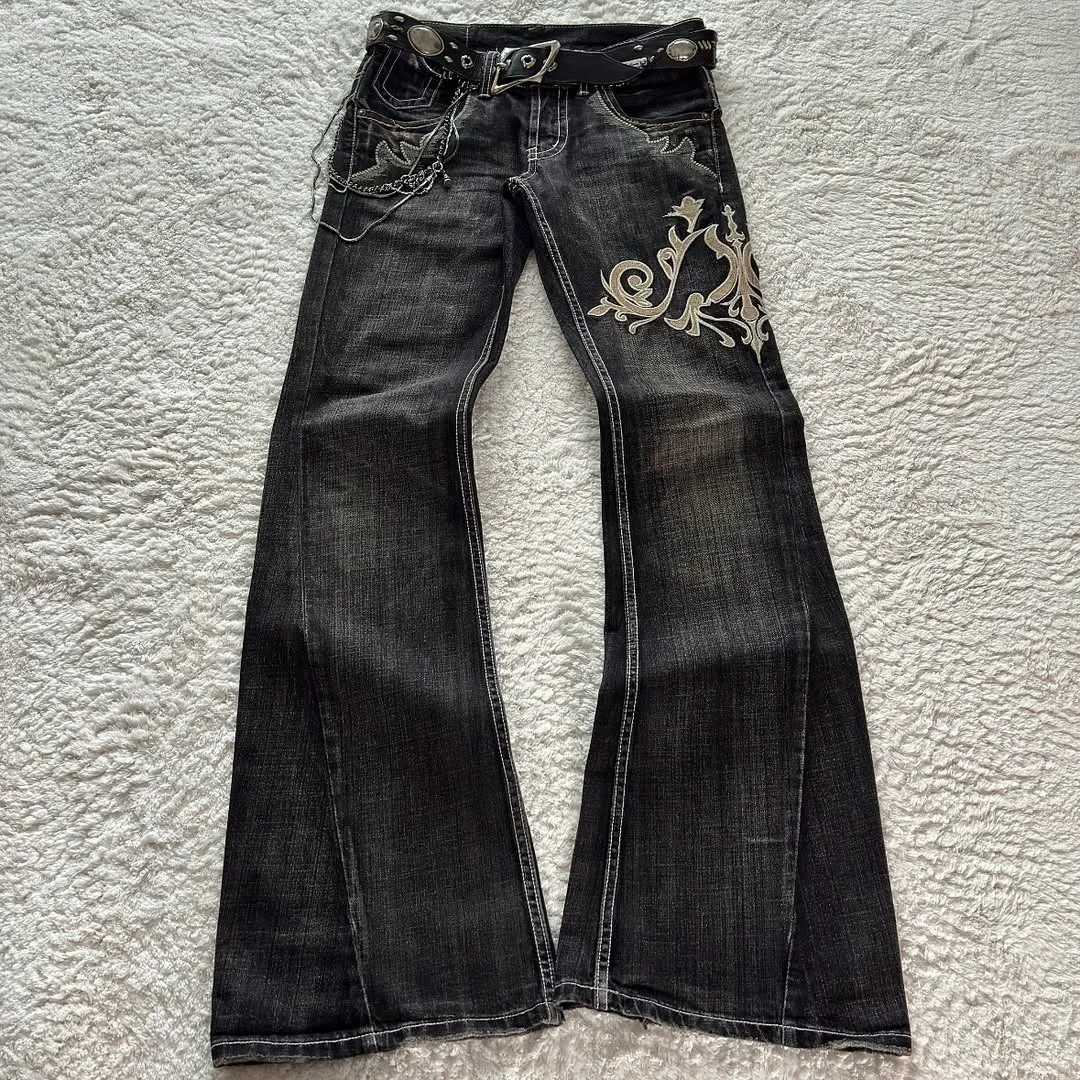 Mužské luxusní přizpůsobené džíny z 300g těžkého džínového plátna, vintage praní, poškozený vzhled, vyšitý motiv, hip-hop styl, rozšířené u spodní části, volný střih