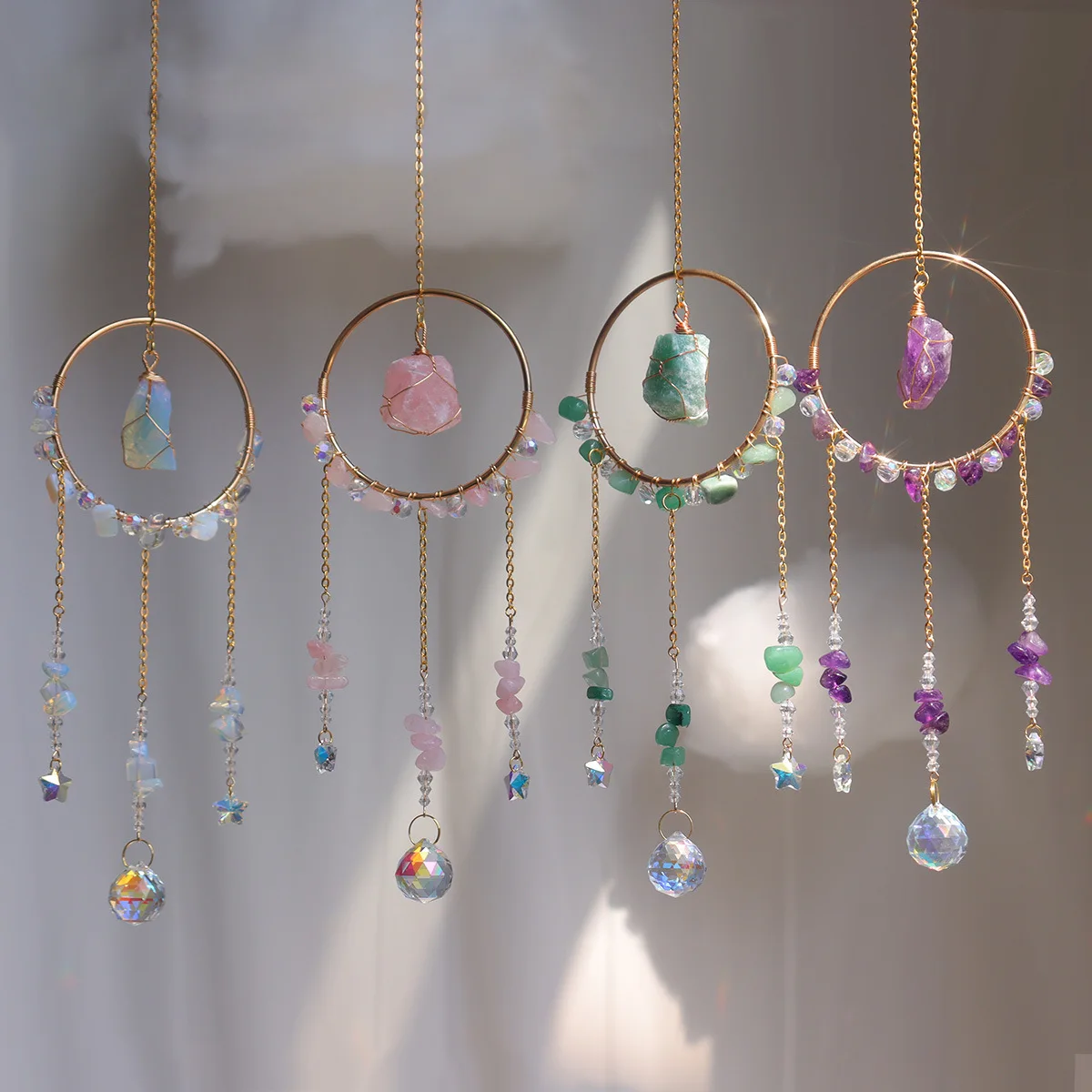 product handmade rose quartz sun catcher with nature stone home decor wall hanging car ornament amethyst suncatcher super handctafts-1