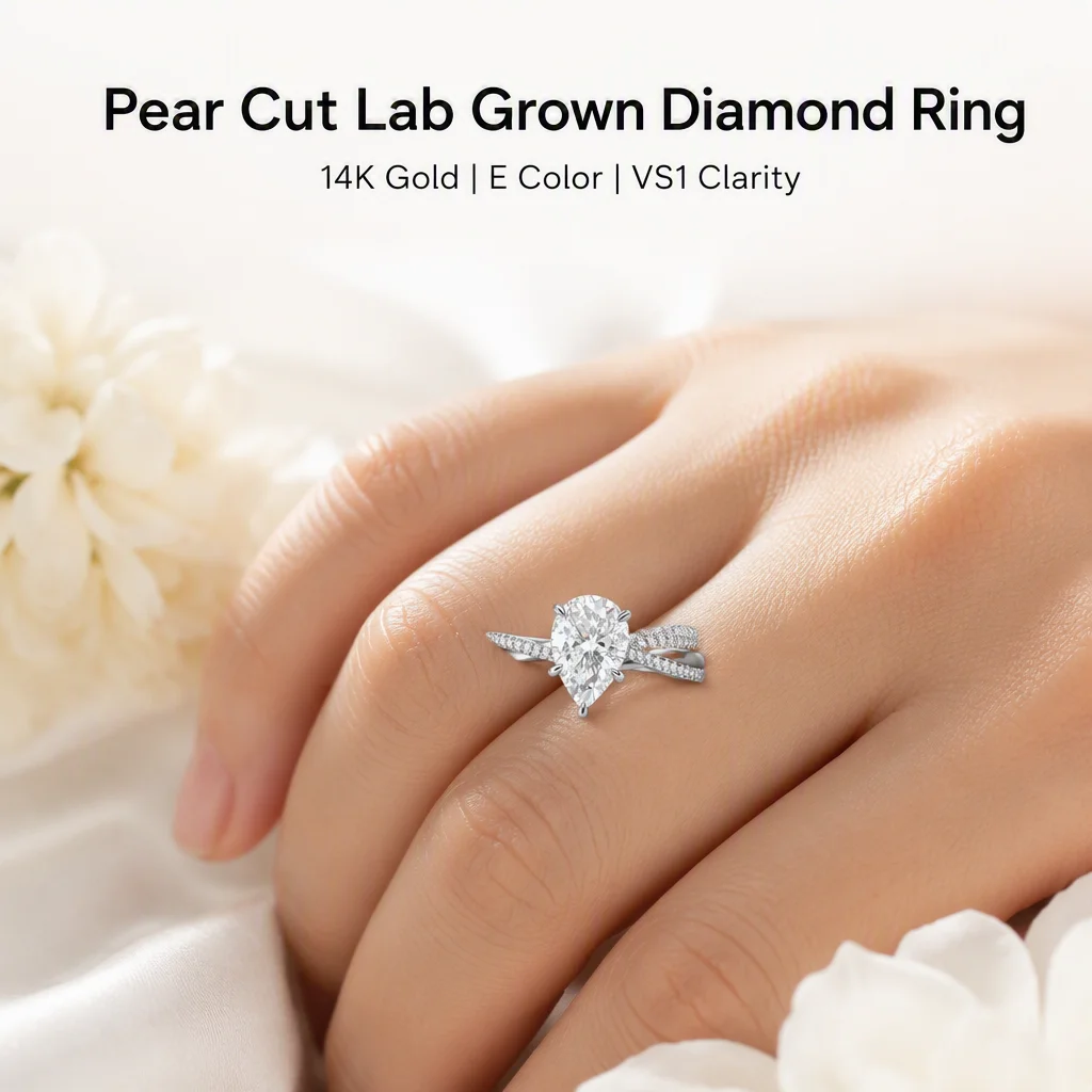 14K Gold Pear Cut Lab Grown Diamond Ring Pear Round Lab Created Diamond Engagement Ring Lab Diamond Rings for Women