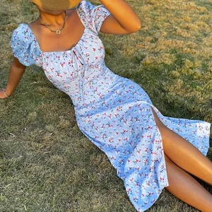 Factory Direct Selling Square Neck Puff Sleeve Floral Print Tie Front Split Thigh Midi Casual Dress Women