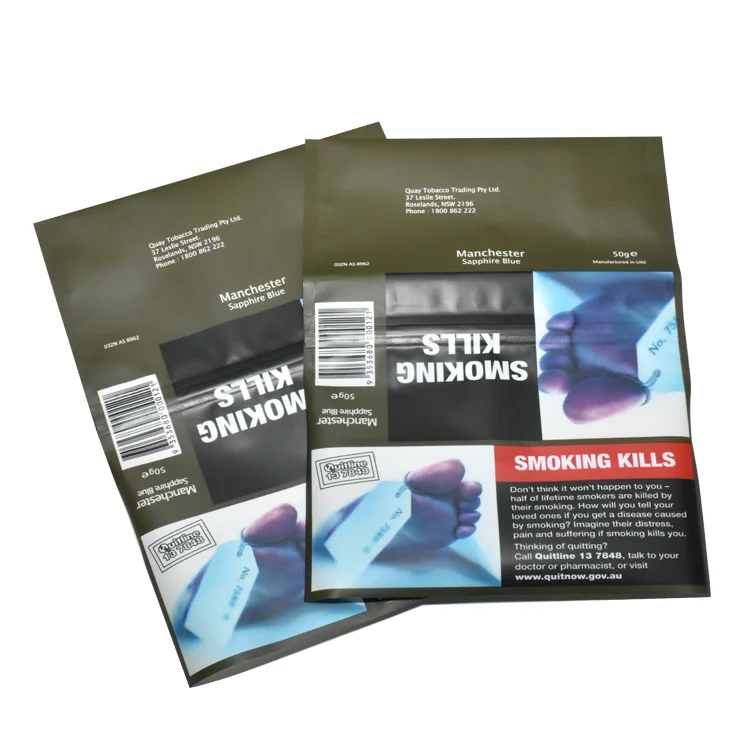 quay tobacco trading pty ltd Manchester Sapphire Blue Reusable 50g Mylar Plastic Packaging Bags Black  Security Serial Number Braille Code Print for Tobacco
