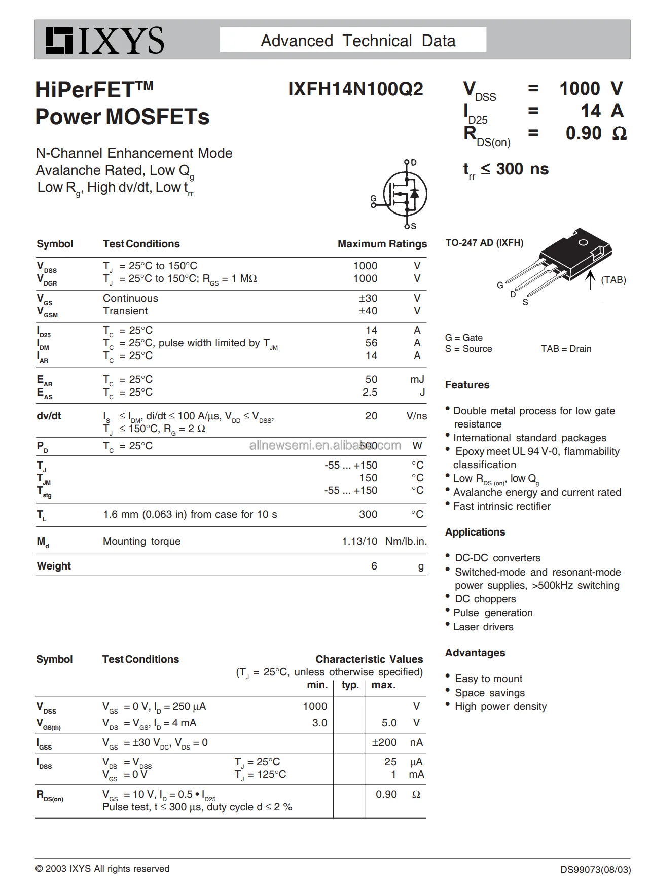 Hot sale original IXFH14N100Q2 Transistor N-Channel Enhancement Mode Avalanche Rated, Low Qg Low Rg High dv/dt