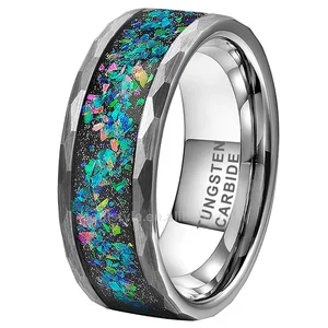 Coolstyle Jewelry Wholesale 8mm Hammered Tungsten Ring Men Women Galaxy Opal Inlay Fashion Jewelry Engagement Wedding Band
