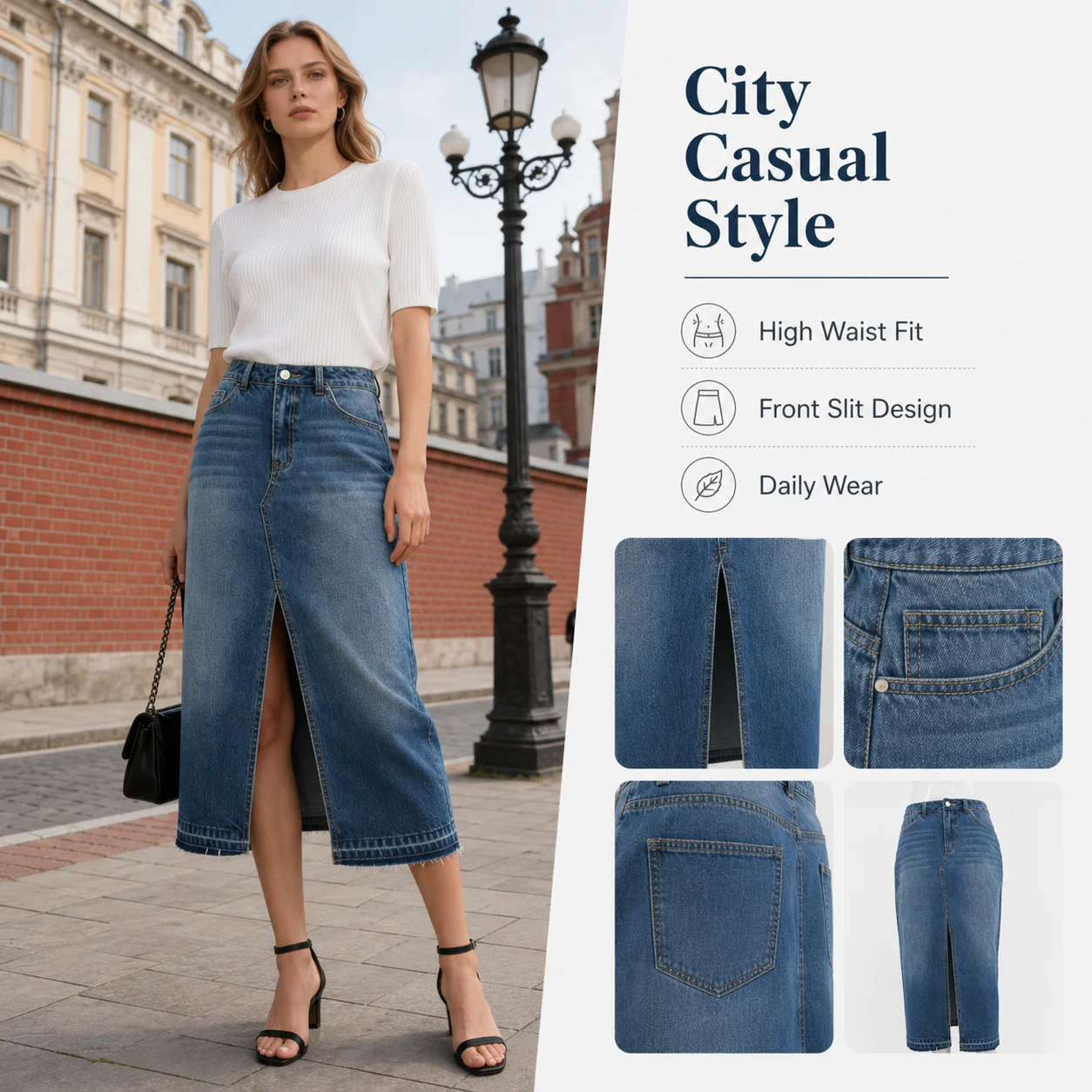 Washed Denim Midi Skirt with Front Slit High Waist Frayed Hem Casual Bodycon Skirt for Women