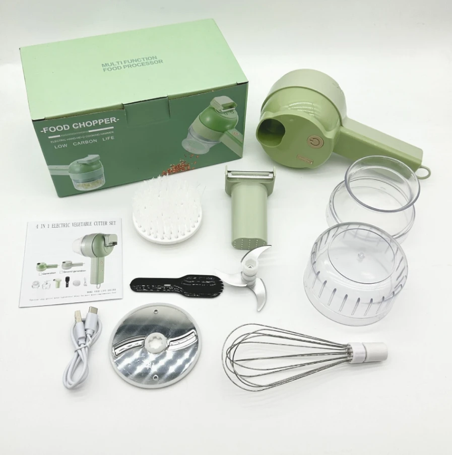 4-in-1 Electric Fruit & Vegetable Tool Set Wireless Multifunctional Garlic Masher Cabbage Cutter Meat Grinder Peel Slice Mixer