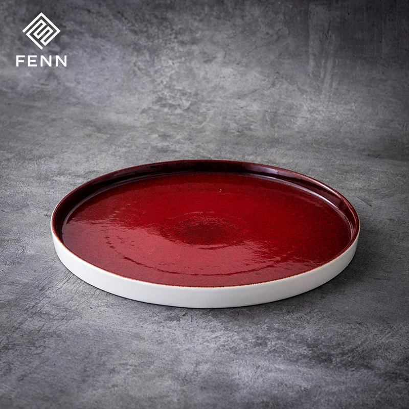 product fenn reactive dark red color ceramic dinner plate for catering restaurant appetizers plates porcelain dinner plate-57