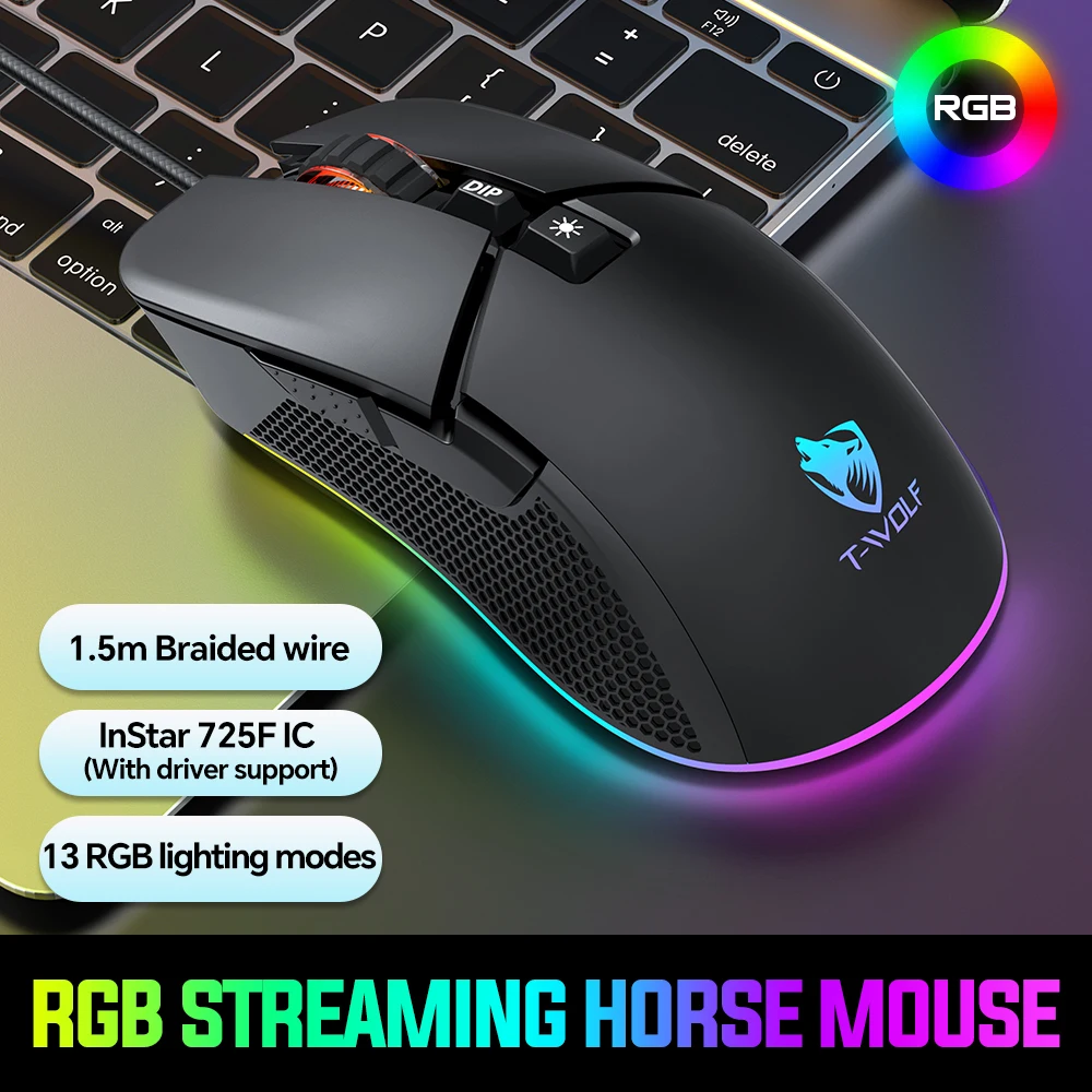 7 Key Wired Game Mouse Macro Programming 13 RGB Light Modes 7200dpi Computer Gaming Mouse