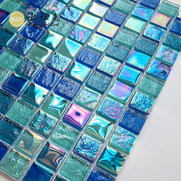 Iridescent Blue Green Glass Mosaic Tile Swimming Pool Tile Wall Decoration manufacture