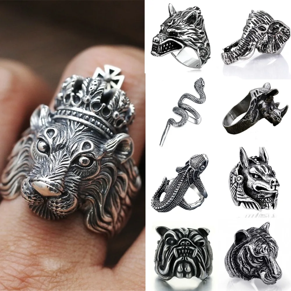 Retro Mens Punk Rings Lion Head Crown Ring Exaggeration Animal Lion King Wolf 