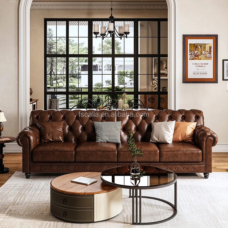 高級アメリカ製レトロ布張りソファ3人乗りチェスターフィールド