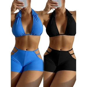 Custom Logo Tag Designer Girls Fitness Shorts Bathing Suit Solid Color Halter Bikini Beachwear-Two Fruit Geometric Knitting