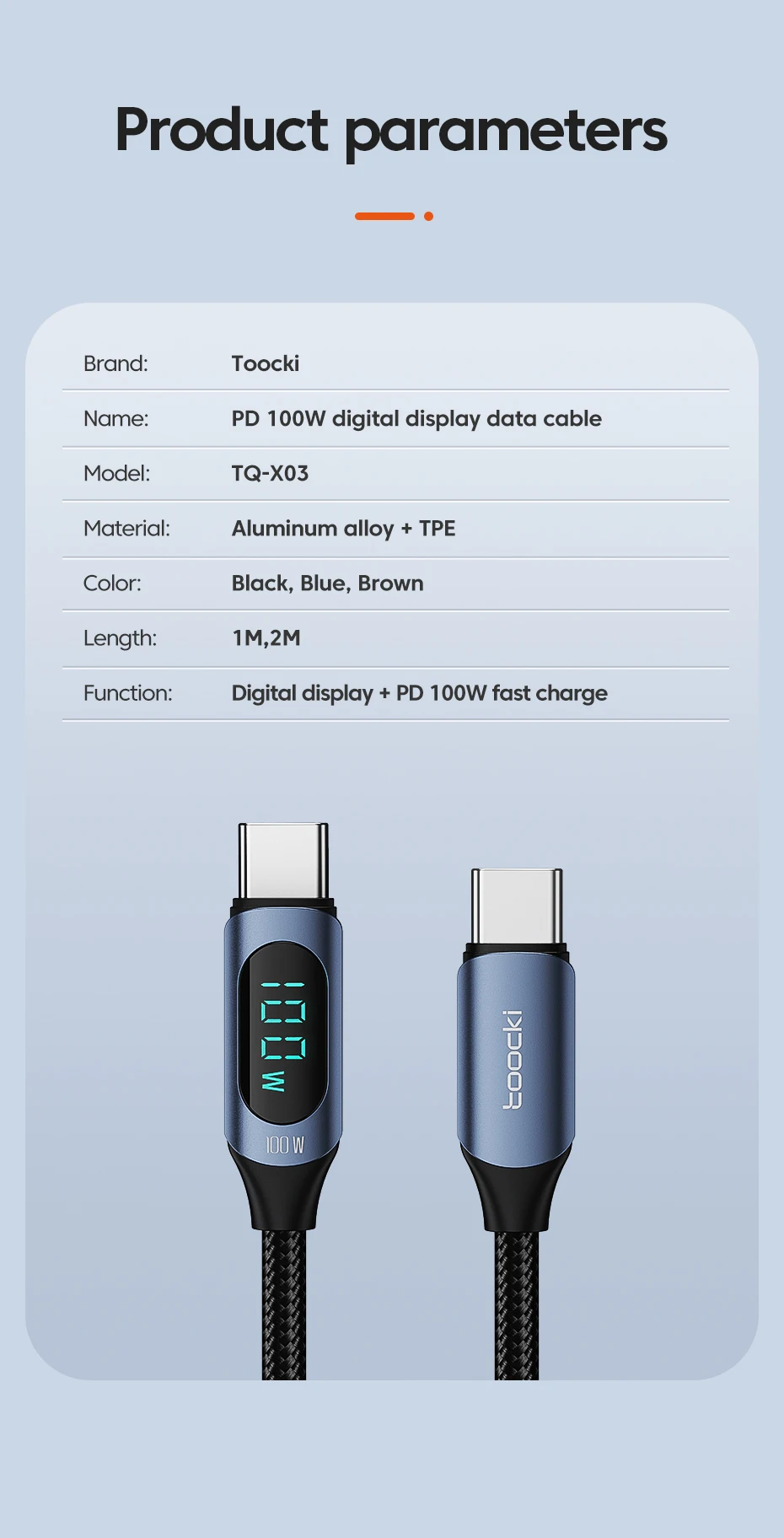 thumbnail image 2 of Toocki USB-C To USB-C Cable 6ft - 100W PD Fast Charging, LED Display Data Sync 2 of 3