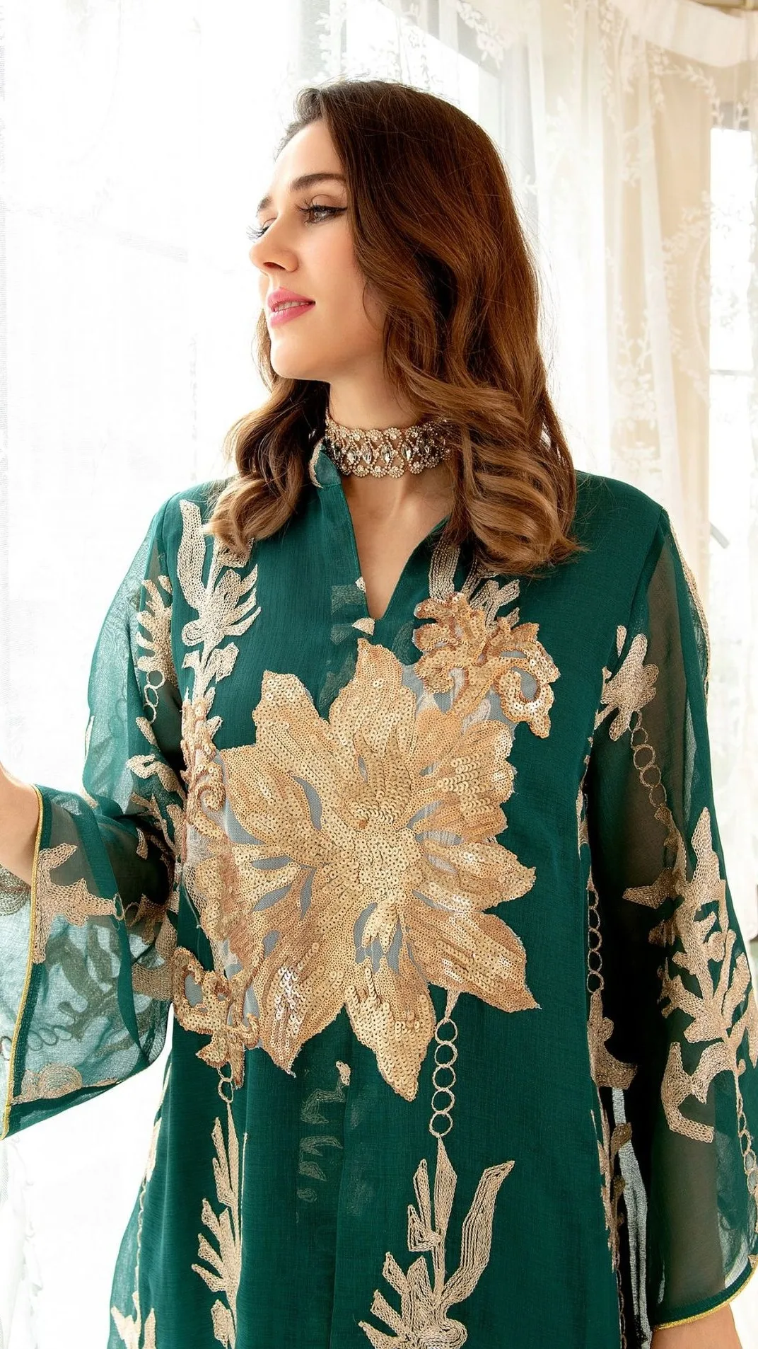 Middle East Arabian Long Sleeve Pearl Sequin Embroidered Jalabiya For ...