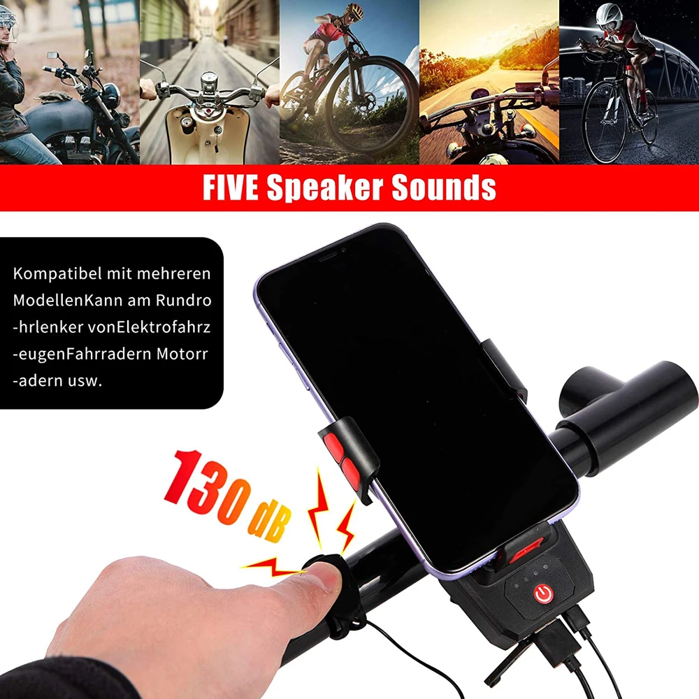 4 in 1 Bicycle Front Lights Mobile Phone Holder USB Rechargeable Bicycle Led Front Light Electric Bike Horn 130 db