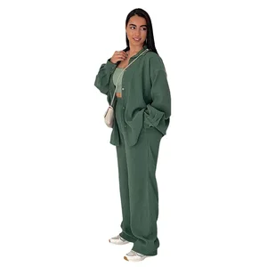 OEM Casual Suit Women Autumn New Style Solid Loose Top and Wide Pants 2 Pieces Home Wear Lounge Wear Set