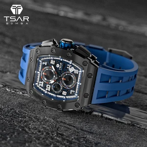 TSAR BOMBA Luxury Tonneau Stainless Steel Quartz Wrist Watch Men Sport/Fashion/Business Styles Seiko Silicone 18mm Band Crystal
