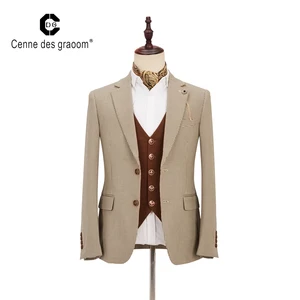 2020 New Design Plaid Coat Pure Color Vest Suits 100% Cotton Full Sleeve 2 Button 3 Piece Suits