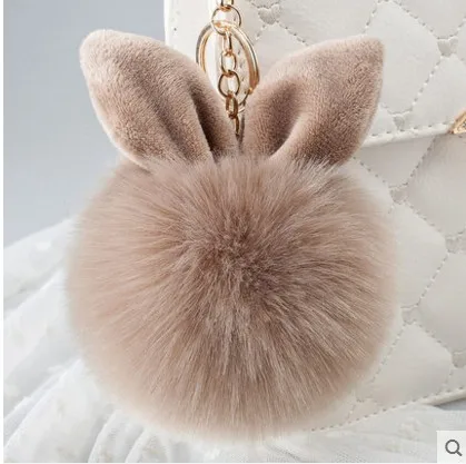 Rabbit Ears Fur Ball Bag Charms With Golden Keyring Pom Pom Fluffy