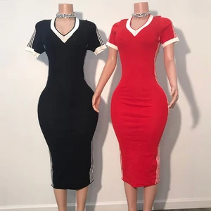Huili Manufacturer Custom logo 100% Cotton Black Knitted Modest Summer V Neck Solid Color Short Sleeve Maxi Red Dress for Women