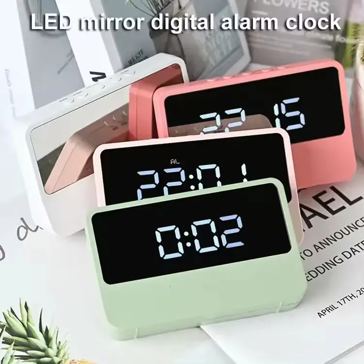 Various Styles Dual Powered for Bedroom Office Table Large Display Electronic Digital LED Mirror Alarm Clock