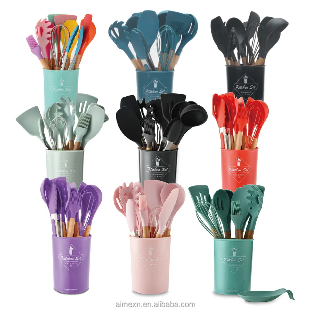 Silicone Kitchen Utensils Set - 11 Pcs BPA Free Cookware with Wooden Handle and Holder