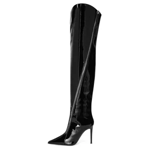 Black Patent Lather High Heel Thigh Boots With Zipper Womens Pointed Toe Over Knee Boots Ladies Long Tall Boot Winter Shoes