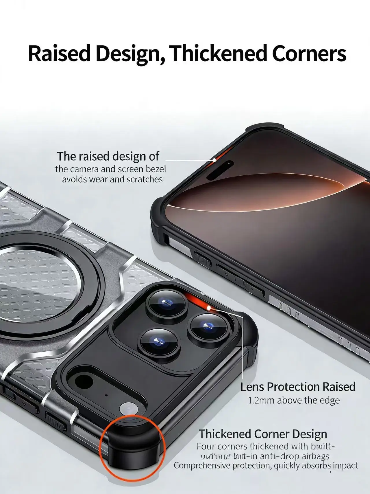 product ultra lightweight honeycomb phone case with 360 airbag protection  magnetic ring stand  anti slip design for iphone17-4