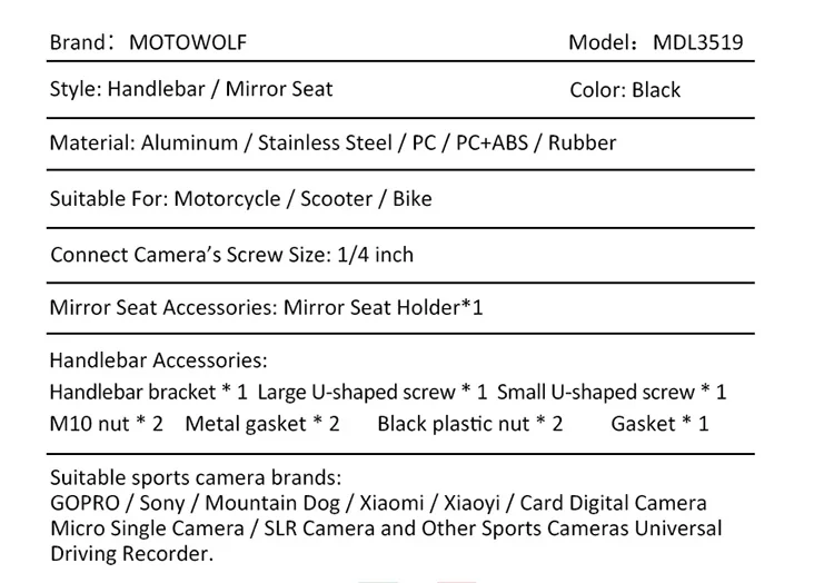 Motowolf Universal Aluminum Stable Camera Holder Motorcycle Bike Camera Mount