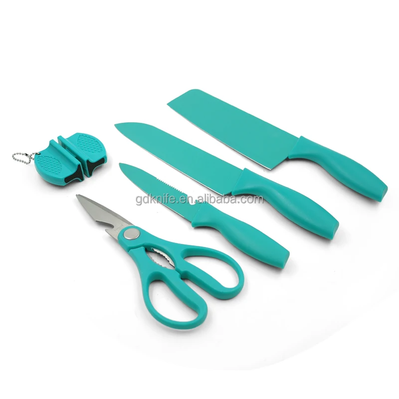 Best selling 5 pieces non stick green coating knives set stainless steel kitchen knife set with gift box