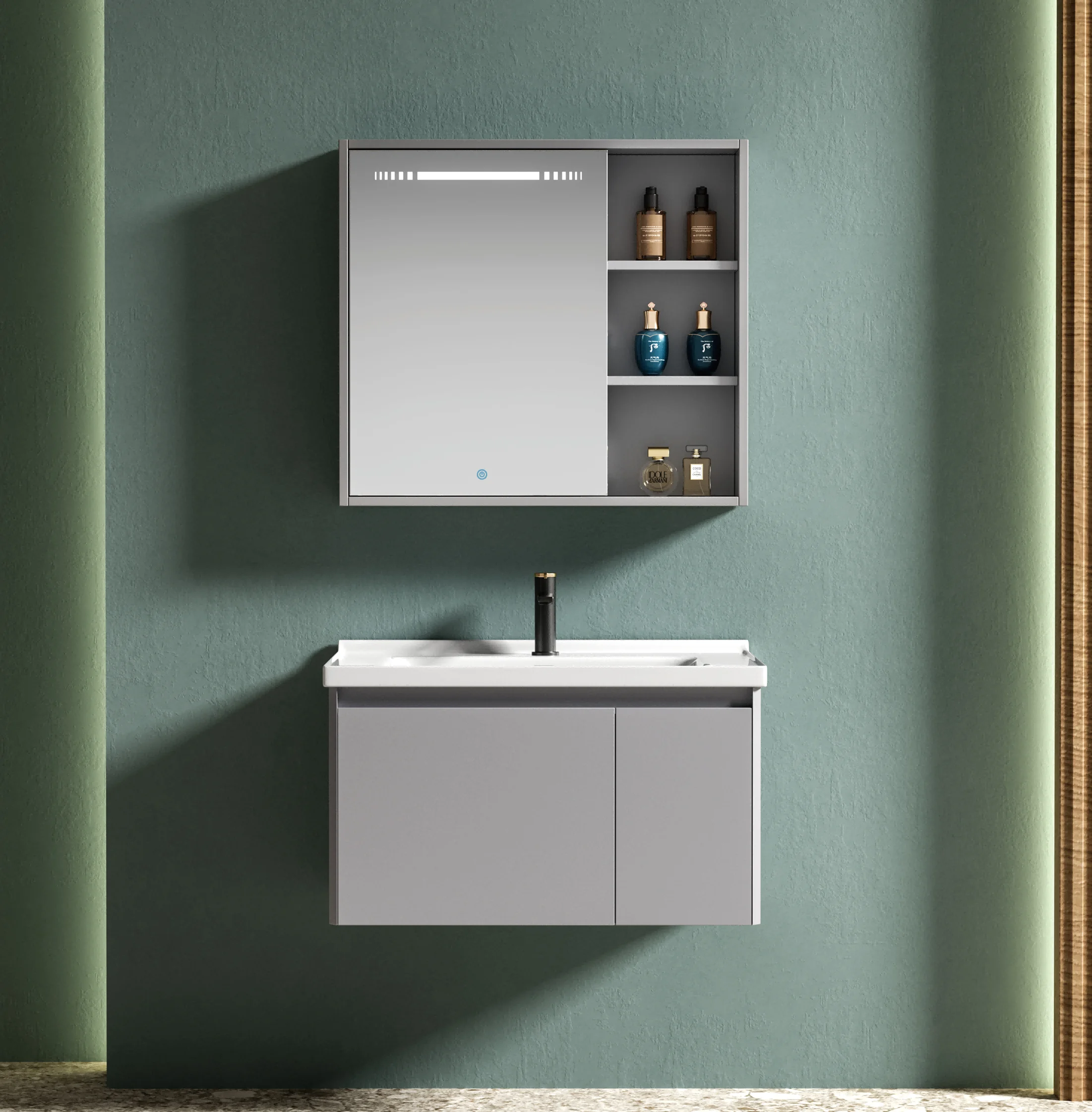 Moderner 60 70 80cm Badezimmers Chrank Mit Intelligentem Led-spiegel Becken Für Villen Holz Grau Farbe Stahl & Marmor Arbeits Platte