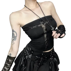 New Gothic Punk Dark Style Flocked Cross Crop Top - Women's Sleeveless Bandeau