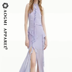 Haute Couture Luxury Women's Halter Neck Floor-Length A-Line Satin Irregular Side Split Dress