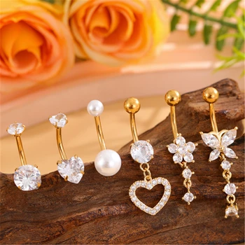Set of 6 Gold-Plated Stainless Steel Belly Button Rings Fashion Jewelry with Pearl Heart & Hypoallergenic CZ Surgical Piercings