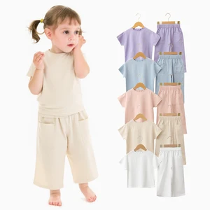 Breathable 30%Linen 25%Cotton 45%Rayon Toddler Girls Set: Short-Sleeve, Wide-Leg Cropped Pants with Pockets for Daily & Summer