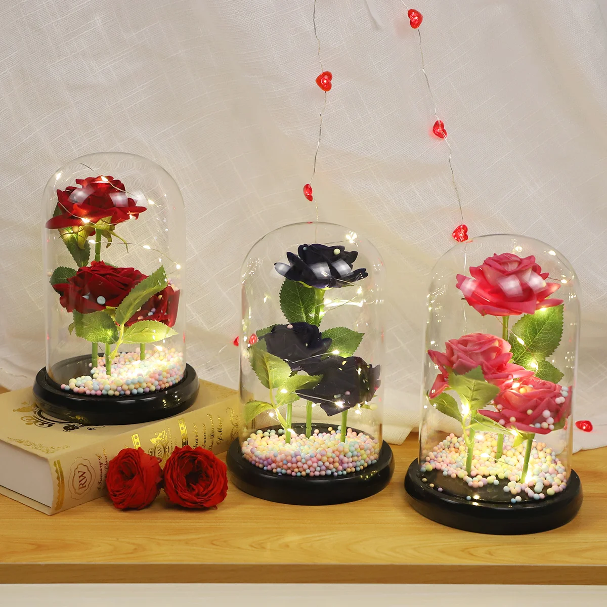 christmas flowers glass handicraft gifts domes for preserved roses oval clear light up rose in glass dome