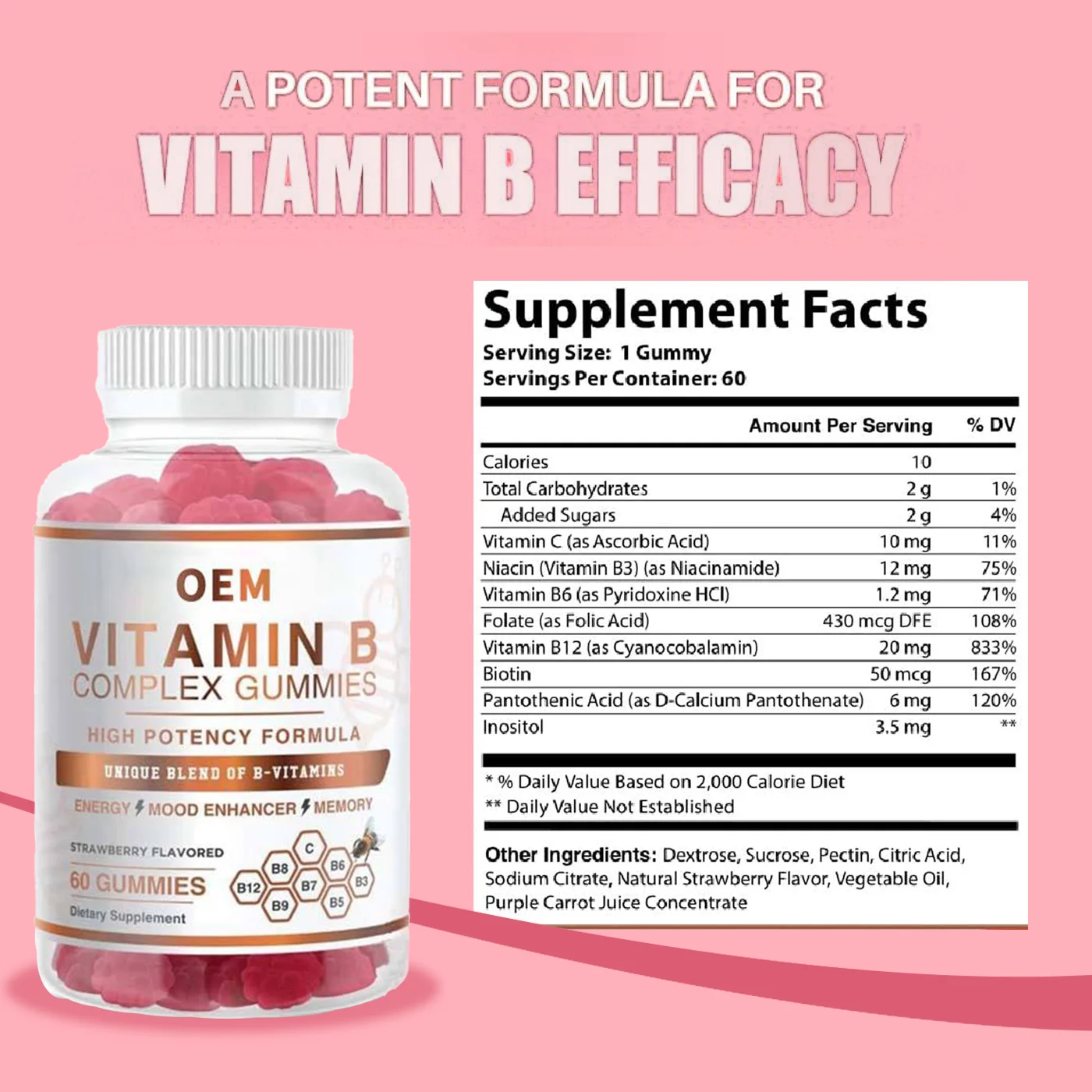 Private Label High Potency Formula Honey Bee Vitamin B Complex Gummies Vit B12 B3 B5 B6 B7 B8 B9 C Gummy Candy