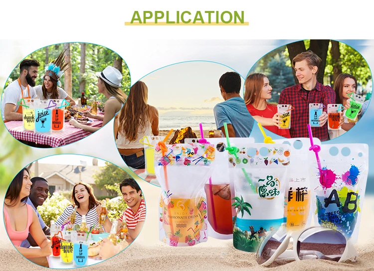 Custom Plastic Stand Up Party Beverage Bag Zipper Clear Juice Drink