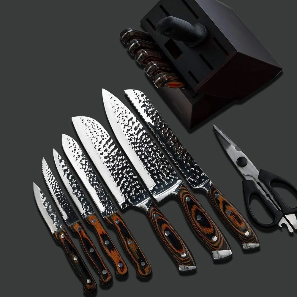 CATHYLIN 15 Pcs Professional Chef Tool Set Metal Stainless Steel Kitchen Knife Set with Wood Handle Block Color Box for Kitchen