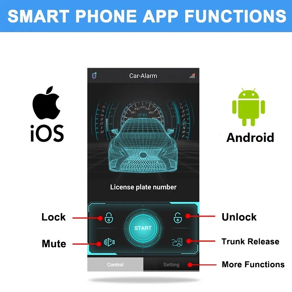 DC 12V Keyless One Way Mobile APP Remote Smart Car Alarm System